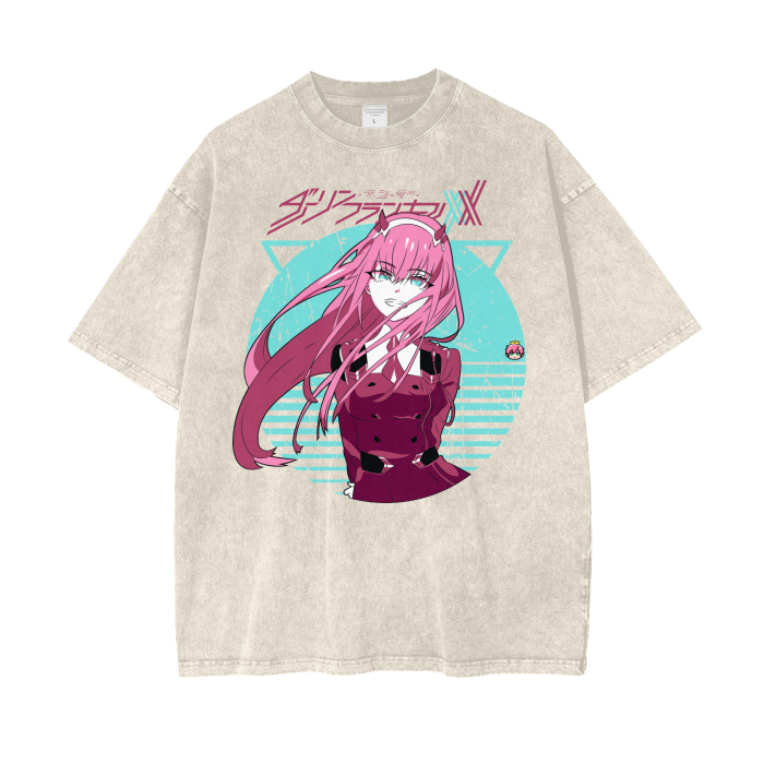 Apricot oversized heavy-weight Zero Two T-shirt by ODMPOD, showcasing relaxed fit and soft fabric.