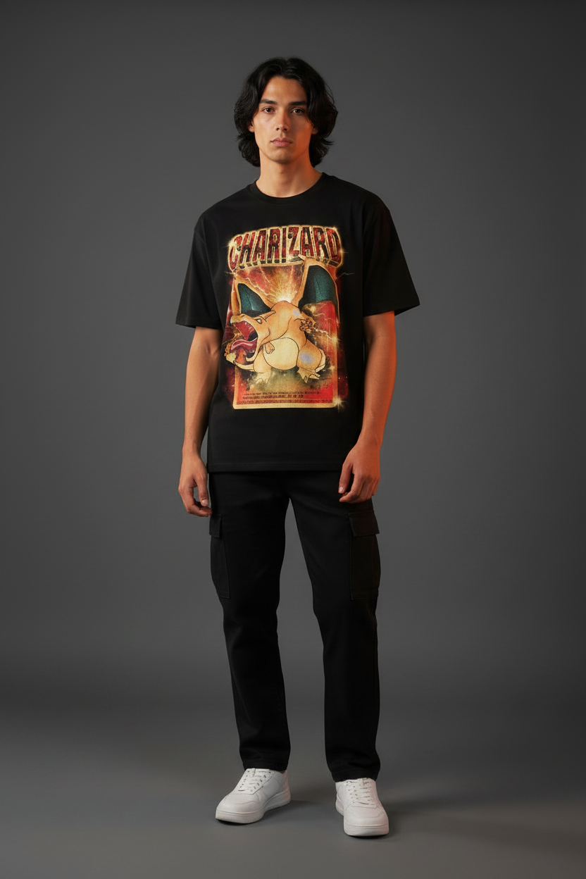 Black ODMPOD 1st Gen Zard T-Shirt featuring a stylish graphic design on the front, made from comfortable cotton fabric.