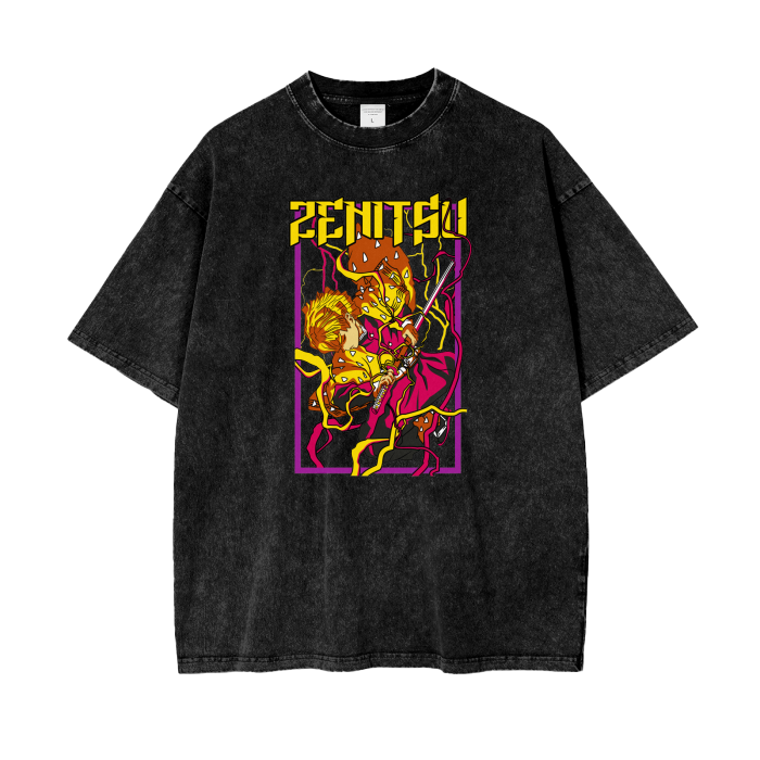 Black Zenitsu acid wash oversized T-shirt by ODMPOD, featuring a relaxed fit and detailed graphic design.