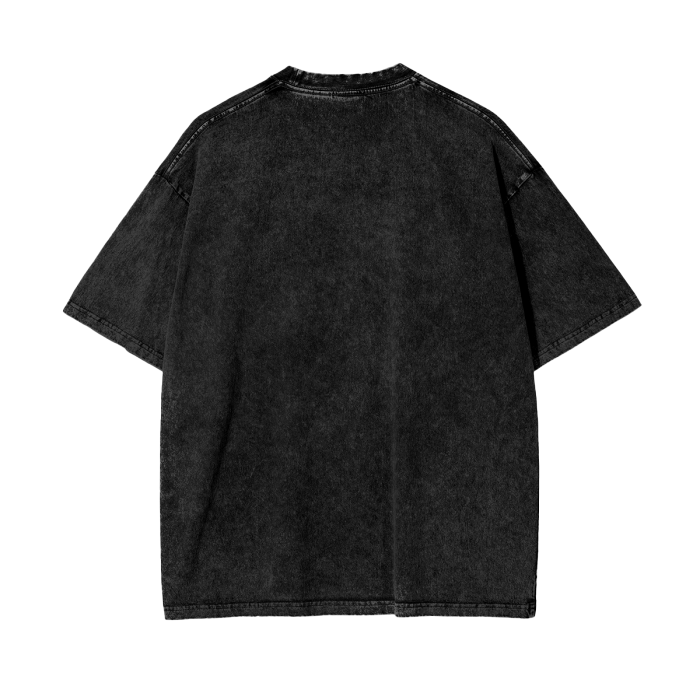 Black Zenitsu acid wash oversized T-shirt by ODMPOD, featuring a relaxed fit and distressed style, displayed on a flat surface.