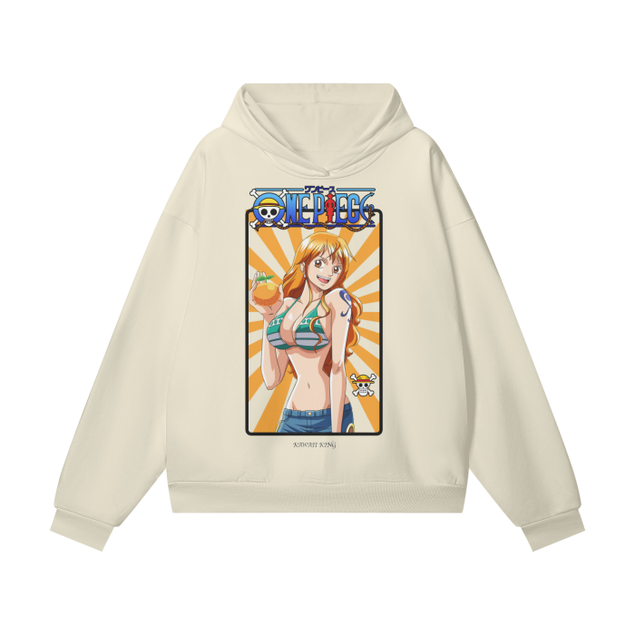 Bone-colored oversized Nami heavyweight hoodie by ODMPOD displayed on a model, featuring a relaxed fit and soft fabric.