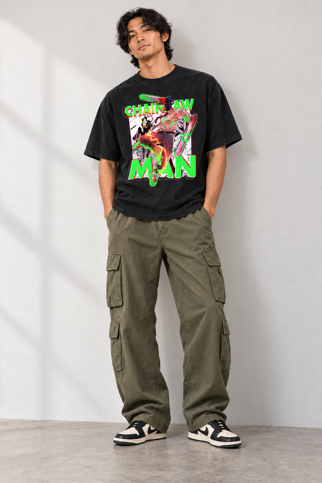Chainsaw Dude T-shirt styled on model, front view