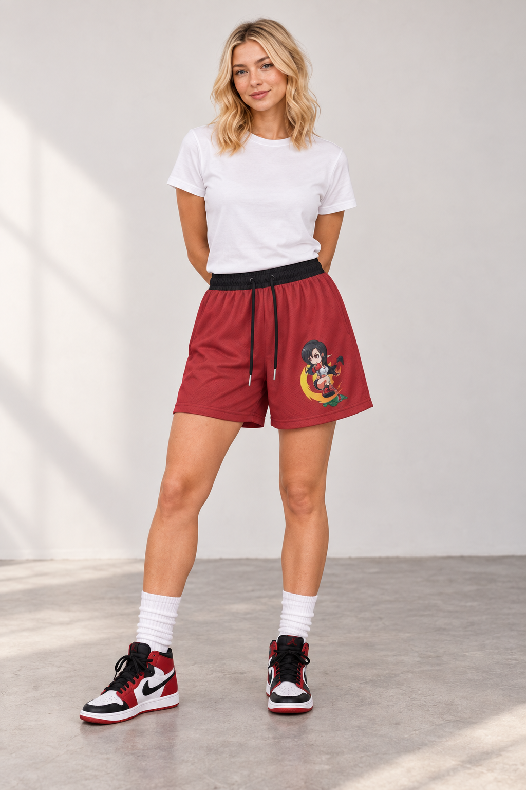 Chibi Tifa Mesh Short styled on model, front view