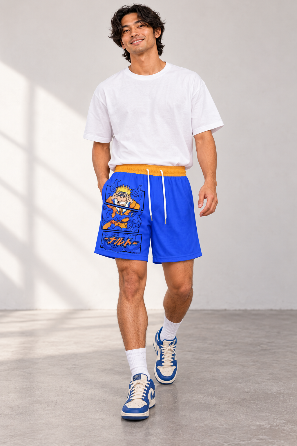 Kawaii Naruto Mesh Shorts styled on model, front view