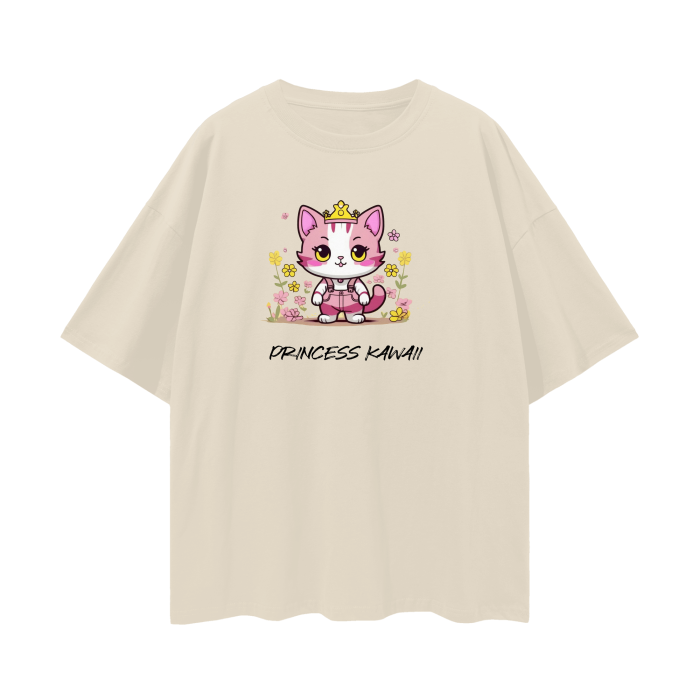 Light apricot oversized Kawaii Princess T-shirt by ODMPOD featuring cute, colorful princess graphics on soft fabric.