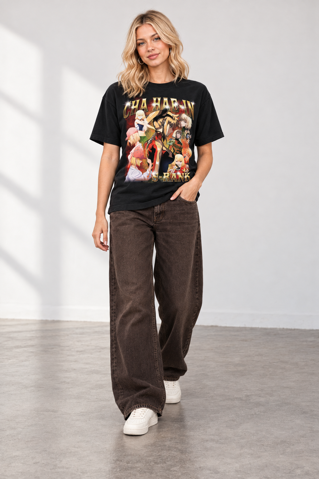 Vintage S-Rank Sueded Cotton T-shirt styled on model, front view