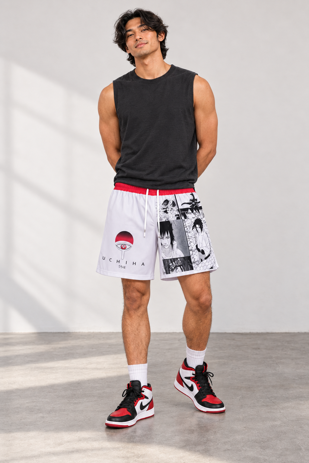 V2 Uchiha Boardshorts styled on model, front view