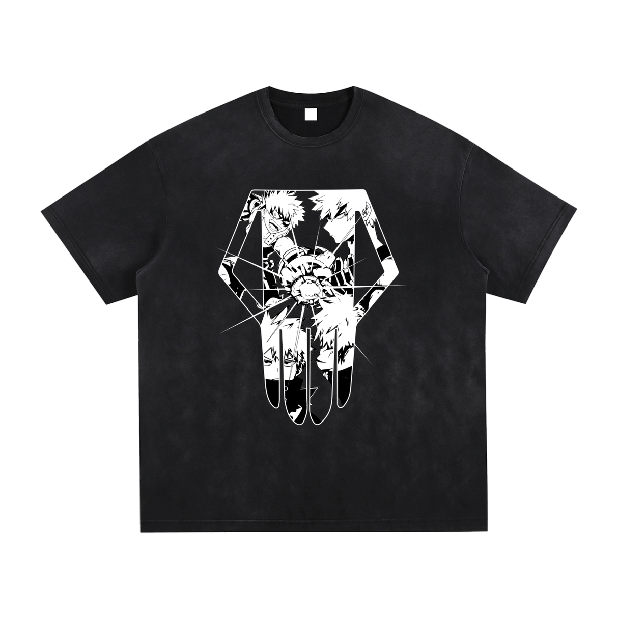 Vintage black and gray Explosion Hero T-shirt by ODMPOD featuring washed, hand-frayed details and bold explosion graphic.