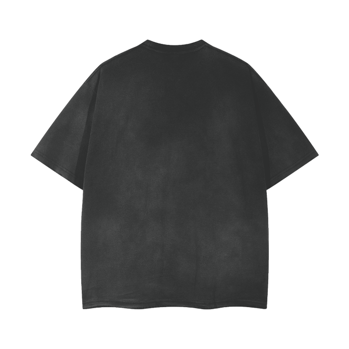 Black and gray Misa vintage wash frayed T-shirt by ODMPOD, featuring distressed edges and a casual, worn-in look.