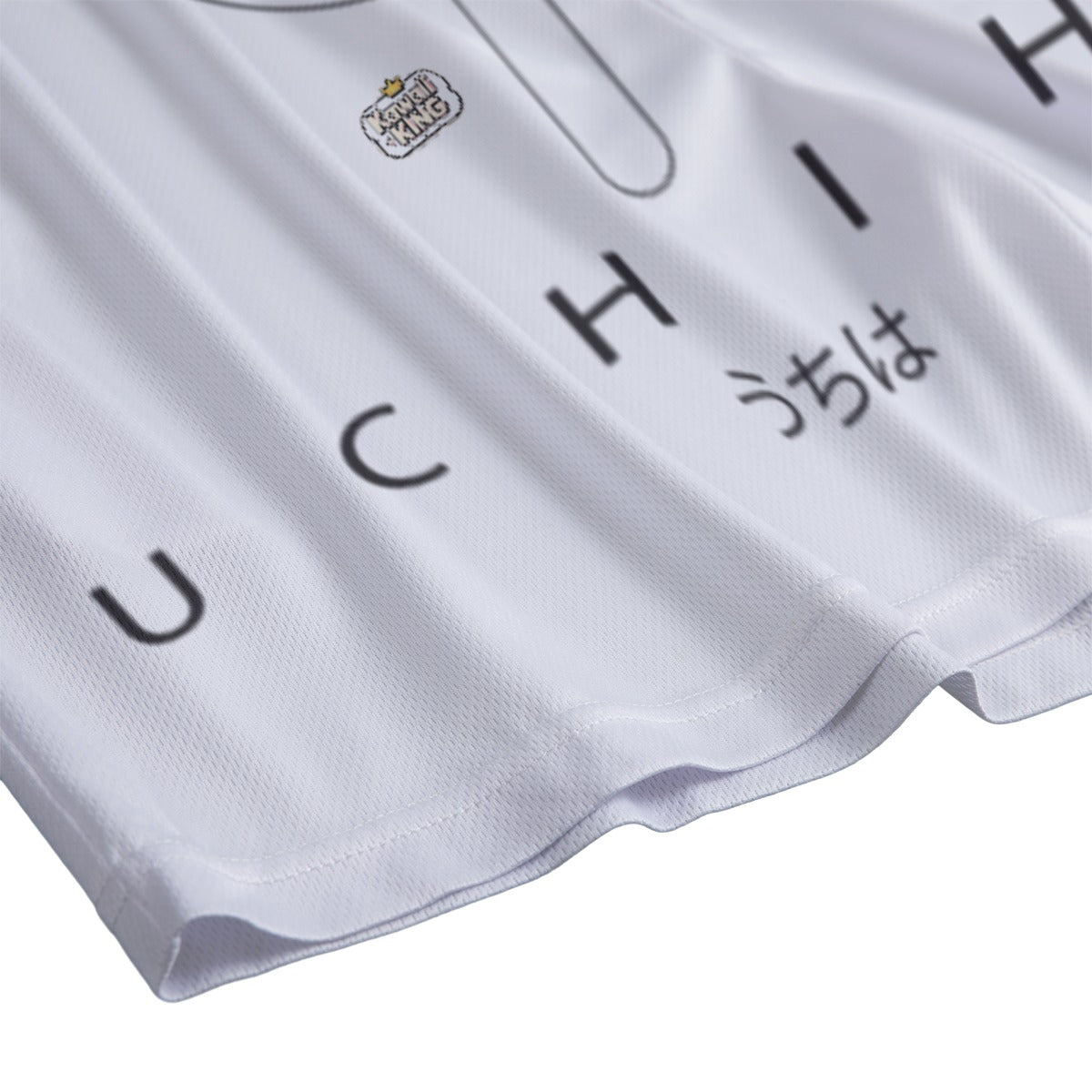 White V2 Uchiha Boardshorts by Yoycol, featuring black Uchiha clan symbols and a comfortable fit for casual wear.
