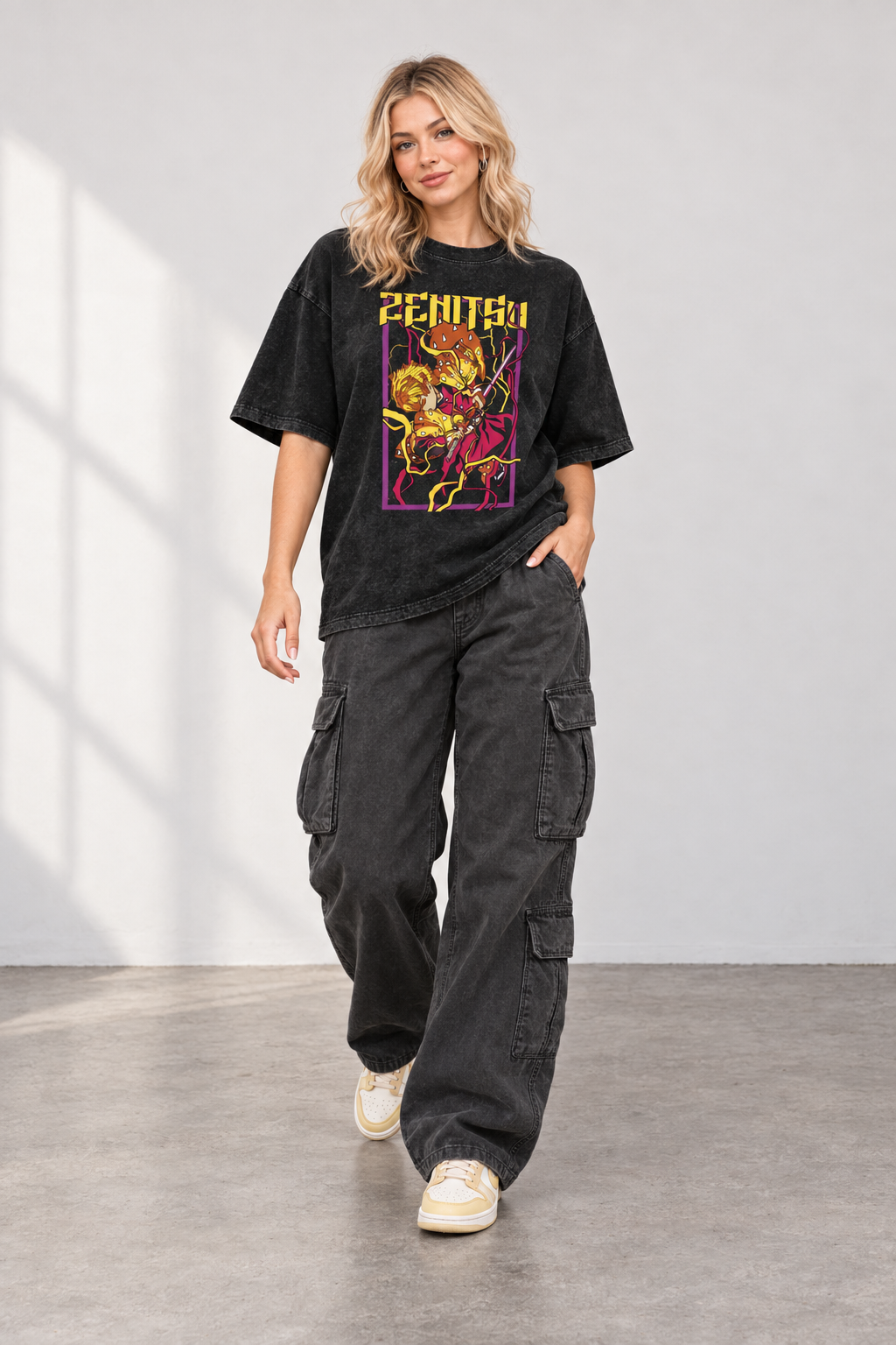 Zenitsu Acid Wash Oversize T-Shirt styled on model, front view