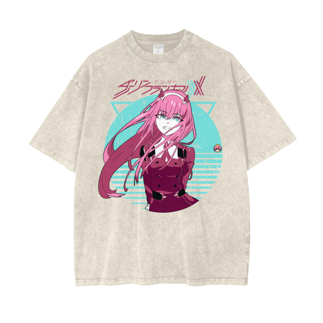 Apricot oversized heavy-weight Zero Two T-shirt by ODMPOD, showcasing relaxed fit and soft fabric.