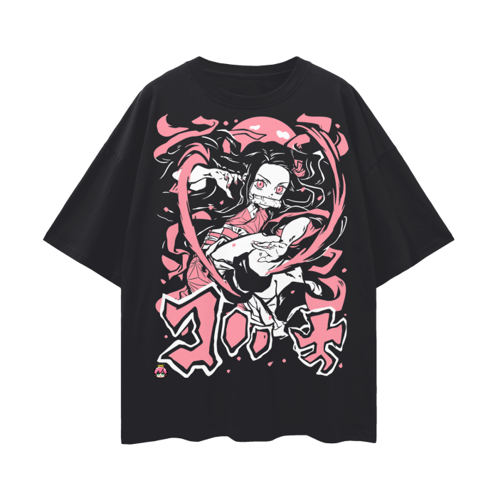 Black oversized Nezuko T-shirt by ODMPOD featuring a detailed illustration of the character from Demon Slayer.