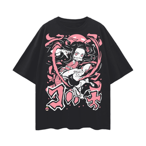 Black oversized Nezuko T-shirt by ODMPOD featuring a detailed illustration of the character from Demon Slayer.