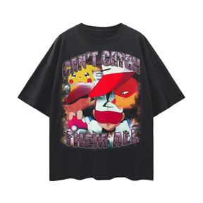 Black vintage Can't Catch Them All T-shirt by ODMPOD featuring classic Pokemon design and retro style.