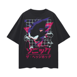 Black vintage retro Sonic T-shirt by ODMPOD featuring classic Sonic the Hedgehog design on the front.