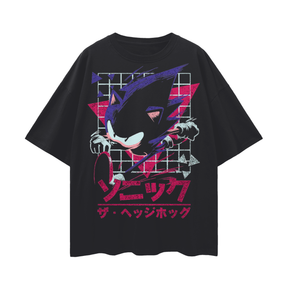 Black vintage retro Sonic T-shirt by ODMPOD featuring classic Sonic the Hedgehog design on the front.