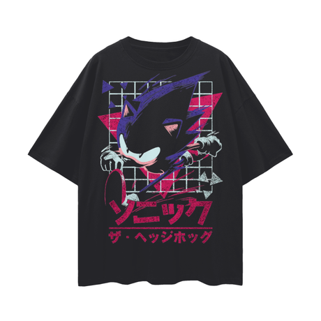Black vintage retro Sonic T-shirt by ODMPOD featuring classic Sonic the Hedgehog design on the front.