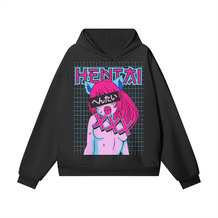 Black oversized Hentaii heavyweight hoodie by ODMPOD, featuring a relaxed fit and soft fabric, displayed on a hanger.