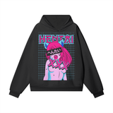 Black oversized Hentaii heavyweight hoodie by ODMPOD, featuring a relaxed fit and soft fabric, displayed on a hanger.