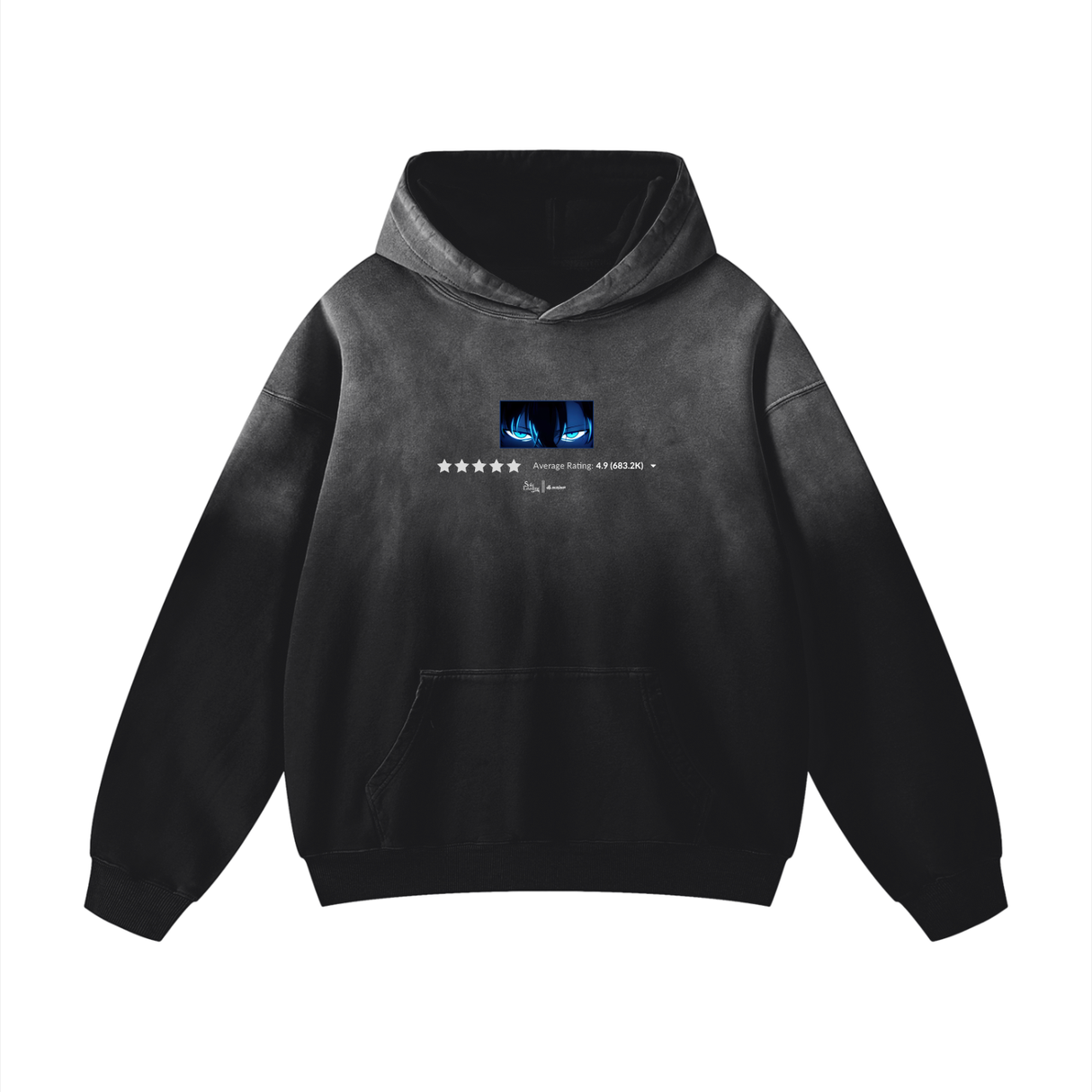 Black oversized hoodie by ODMPOD featuring the New King of Anime Heavyweight Sunfade design, with bold graphic on front.