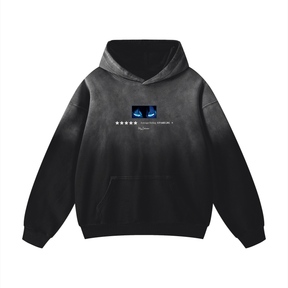 Black oversized hoodie by ODMPOD featuring the New King of Anime Heavyweight Sunfade design, with bold graphic on front.