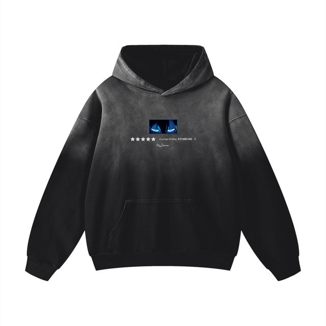 Black oversized hoodie by ODMPOD featuring the New King of Anime Heavyweight Sunfade design, with bold graphic on front.