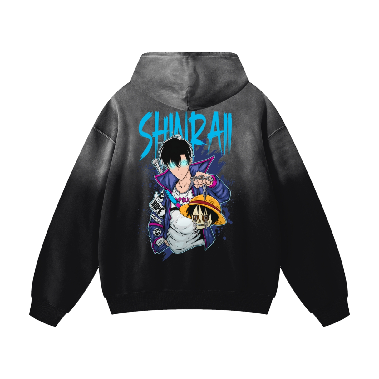 Black ODMPOD King of Anime heavyweight sunfade oversized hoodie with bold graphic design and comfortable fit.