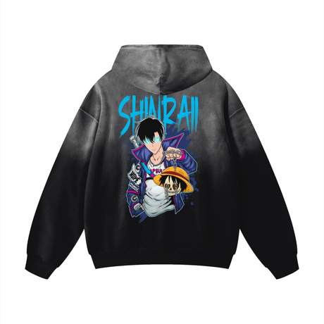 Black oversized hoodie by ODMPOD featuring the New King of Anime Heavyweight Sunfade design, shown on a flat lay.