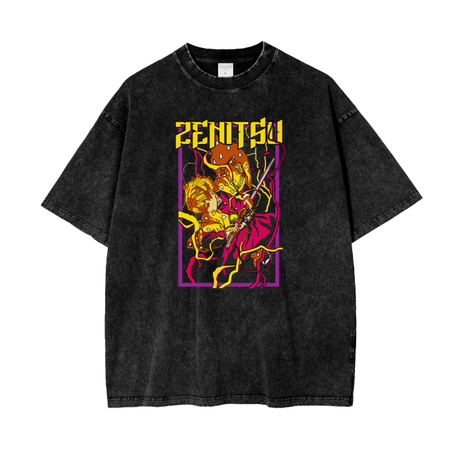 Black Zenitsu acid wash oversized T-shirt by ODMPOD, featuring a relaxed fit and detailed graphic design.