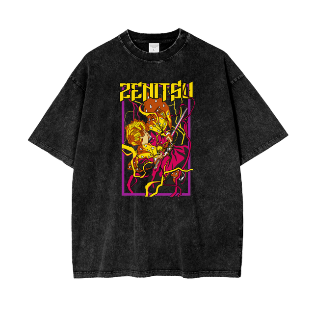 Black Zenitsu acid wash oversized T-shirt by ODMPOD, featuring a relaxed fit and detailed graphic design.