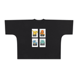 Black ODMPOD ThugMon Boxy T-Shirt shown on a model, featuring a relaxed fit and bold graphic design.