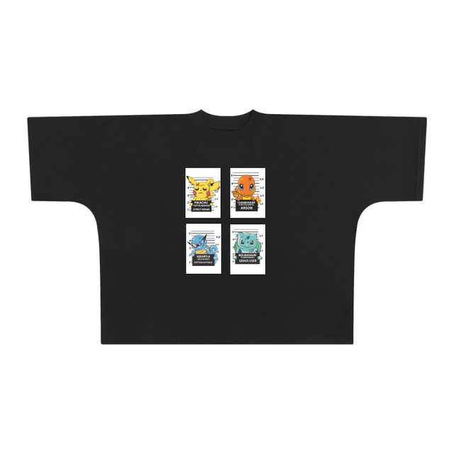 Black ODMPOD ThugMon Boxy T-Shirt shown on a model, featuring a relaxed fit and bold graphic design.