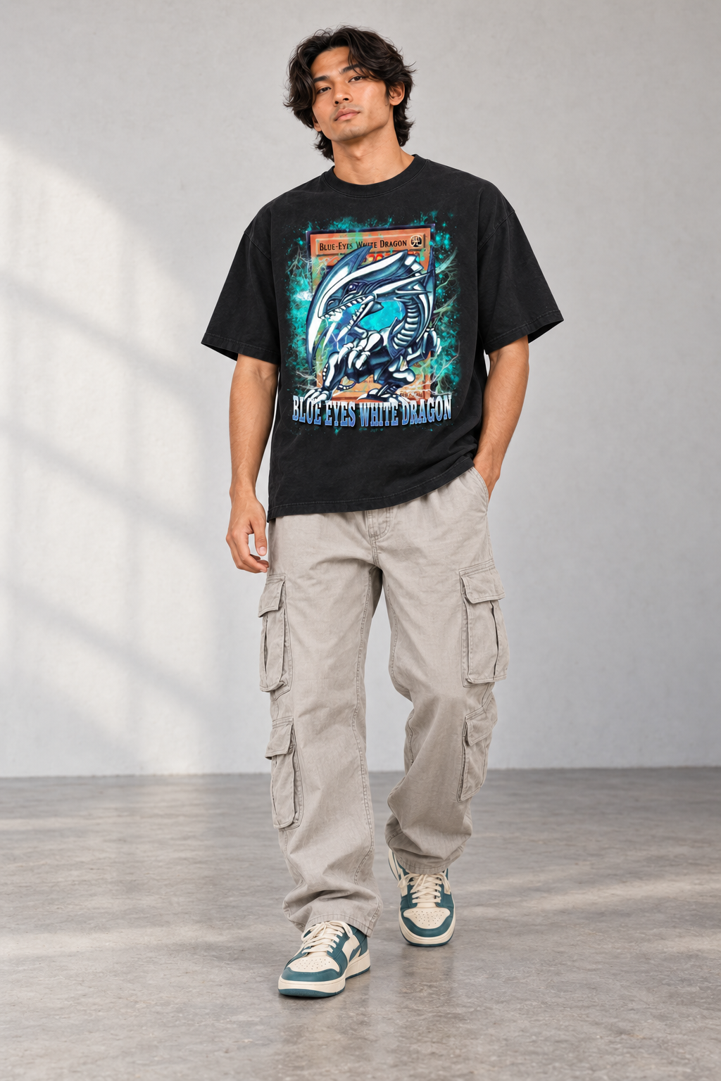 Blue Eyes Vintage Washed Hand-Frayed T-Shirt styled on model, front view