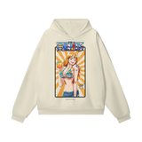 Bone-colored oversized Nami heavyweight hoodie by ODMPOD displayed on a model, featuring a relaxed fit and soft fabric.