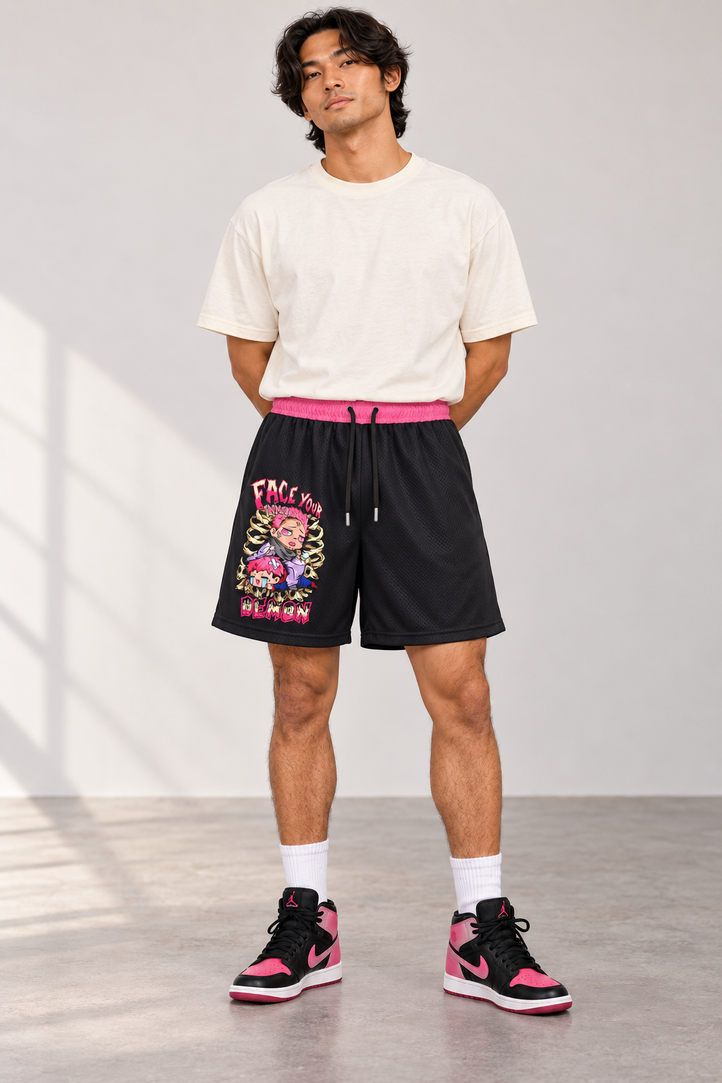 Bully Sakuna Mesh Shorts styled on model, front view