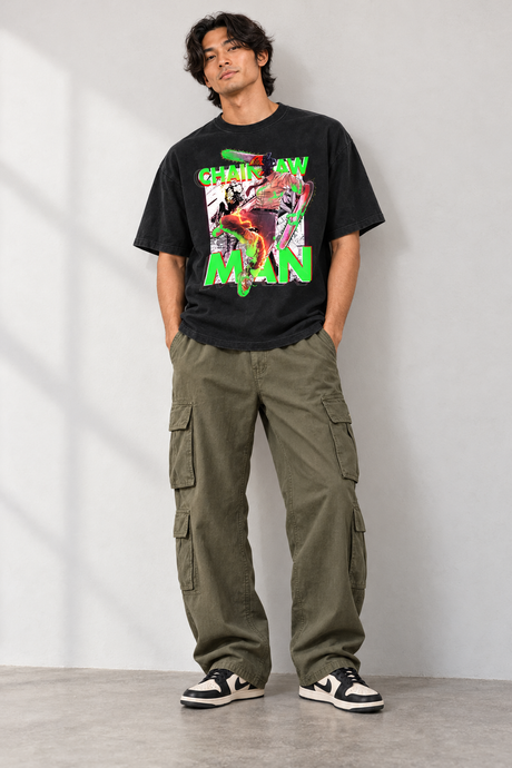 Chainsaw Dude T-shirt styled on model, front view