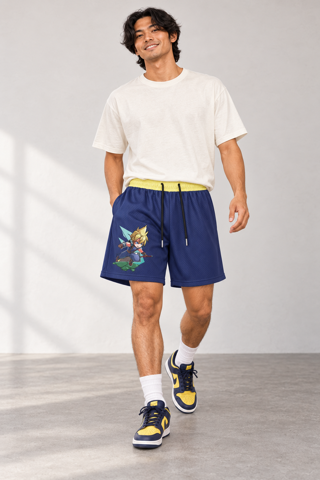 Chibi Cloud Mesh Shorts styled on model, front view