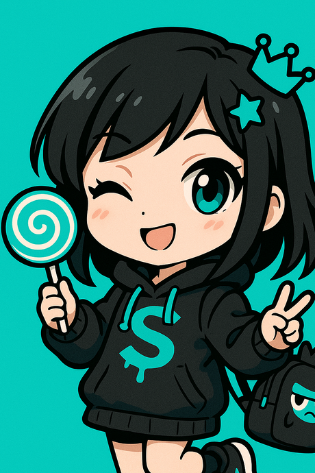 Cartoon character with black hair and hoodie holding a lollipop and peace sign on a teal background