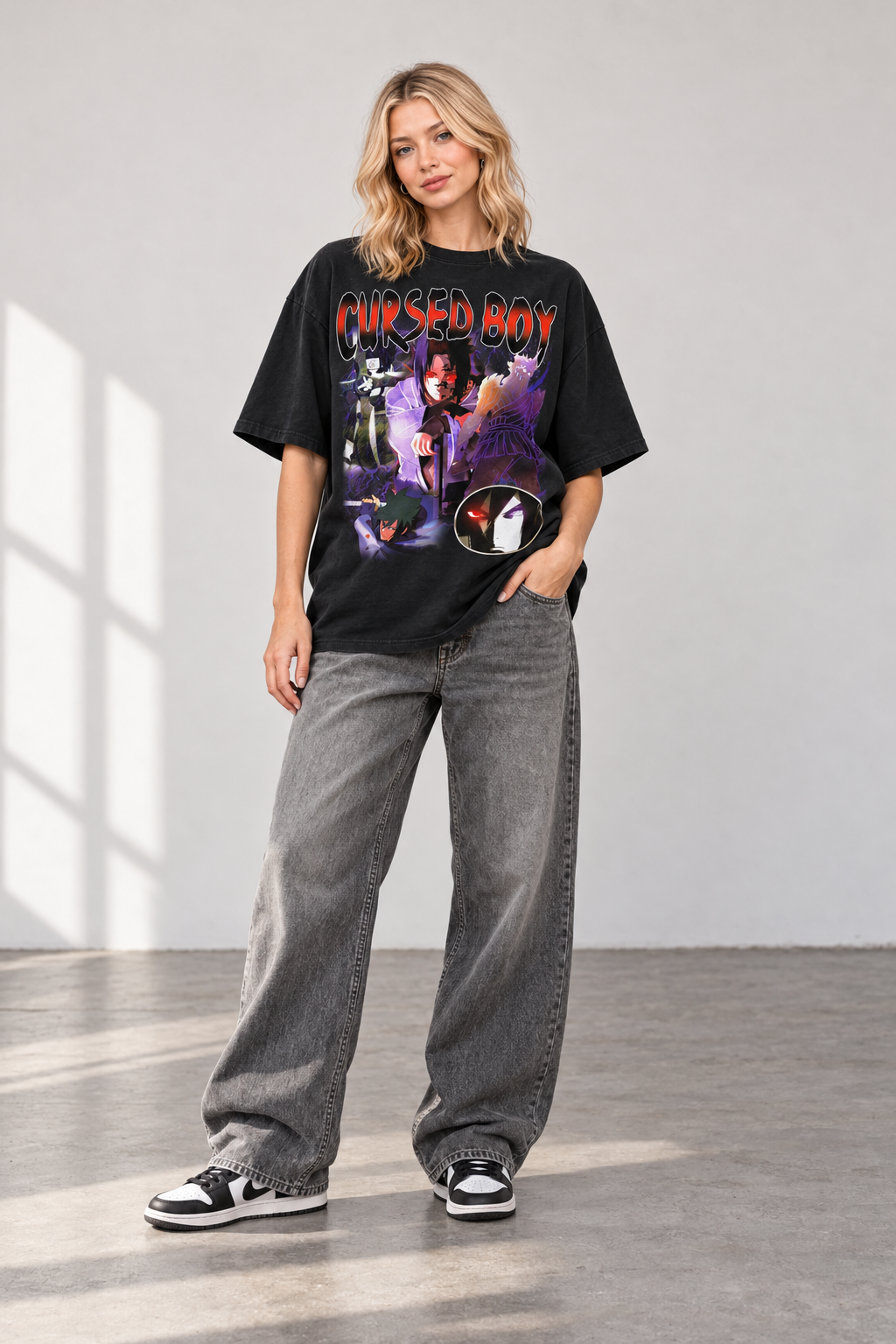 Vintage Cursed Boy T-Shirt styled on model, front view