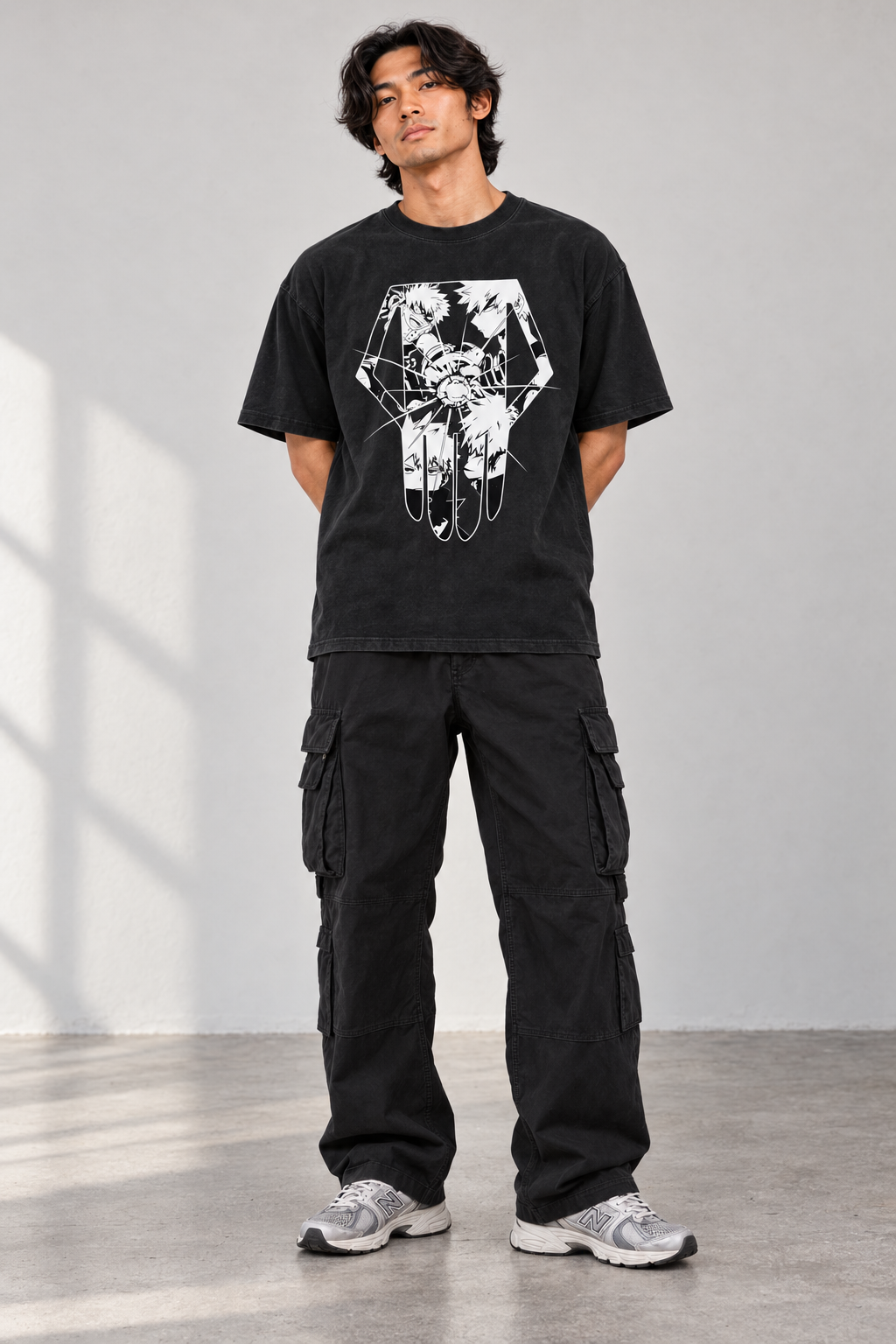 Explosion Hero Vintage Washed Hand-Frayed T-Shirt styled on model, front view