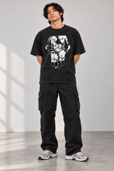 Explosion Hero Vintage Washed Hand-Frayed T-Shirt styled on model, front view