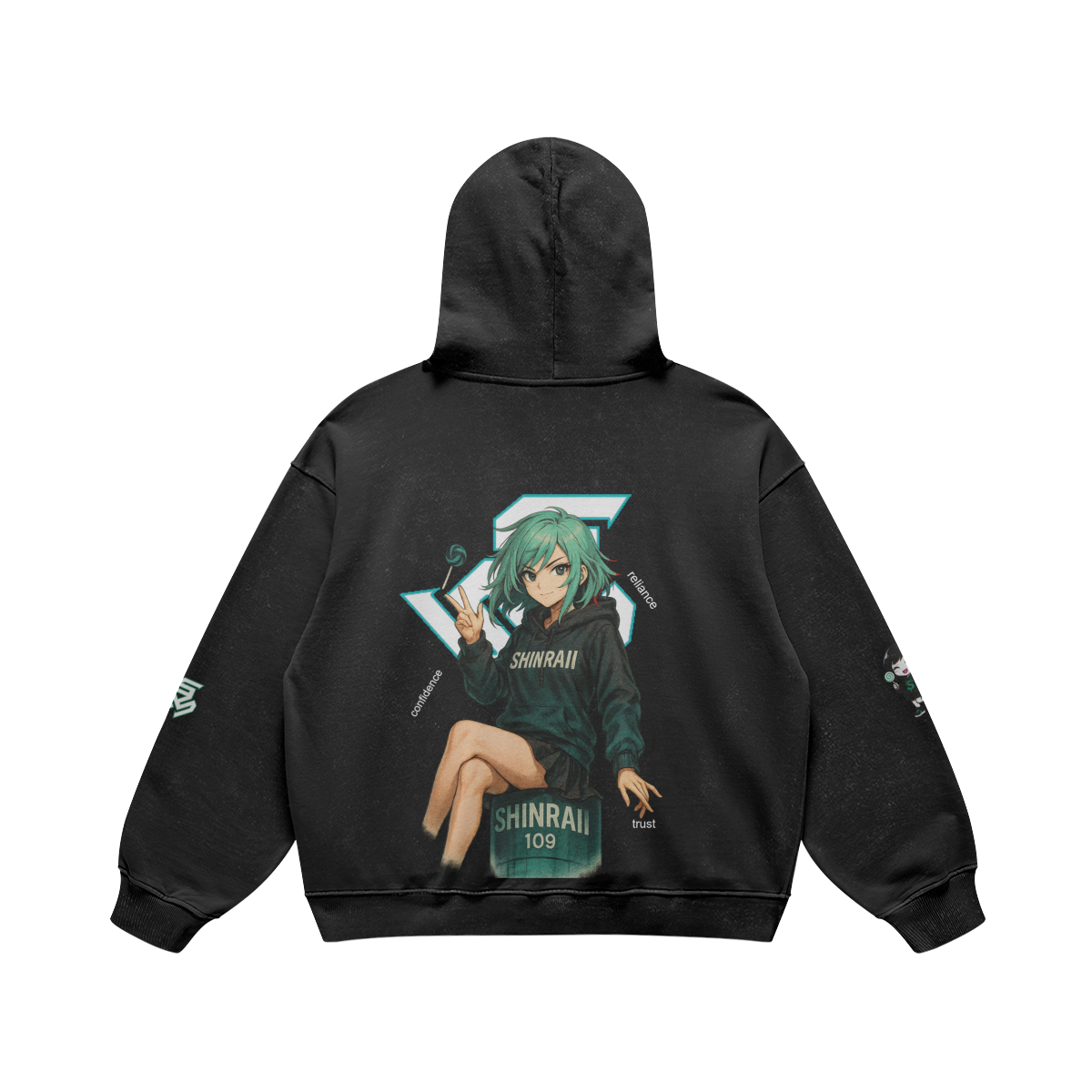 Faded black Shinraii hoodie by PODpartner with front pocket and adjustable drawstrings, casual streetwear style.