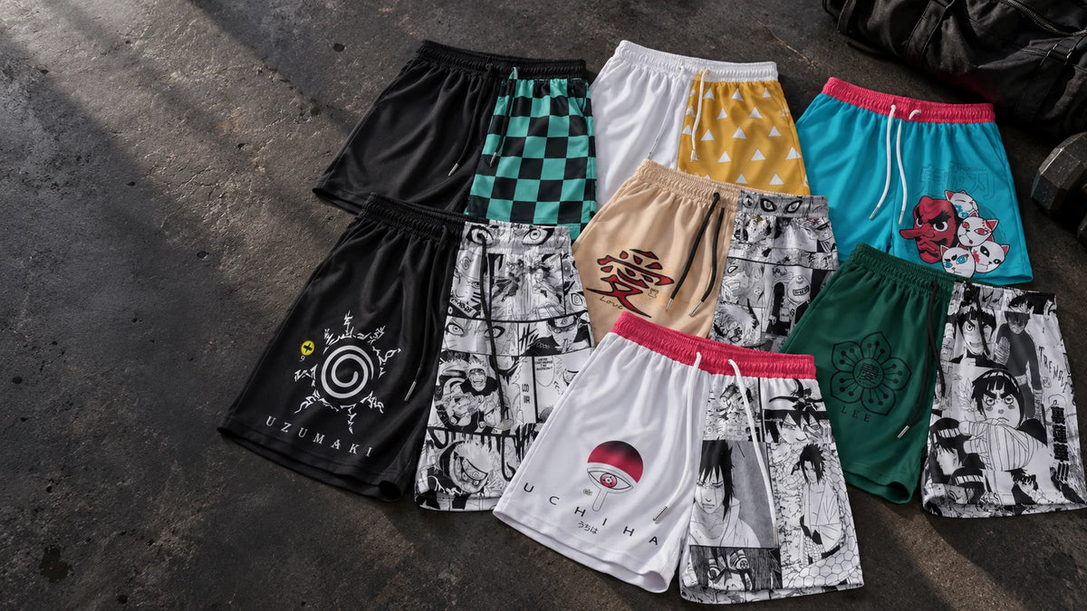 Kawaii King boardshort collection laid out on a concrete gym floor
