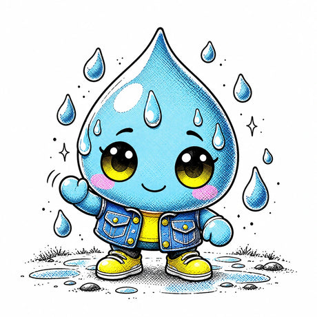 Drip Princess, a blue water droplet mascot in a denim vest