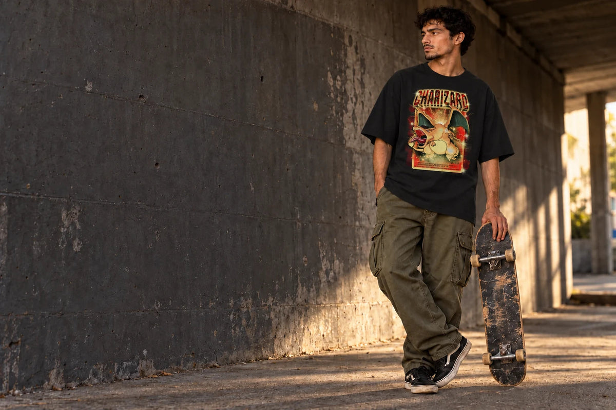 Model wearing the 1st Gen Zard T-shirt at a skate spot