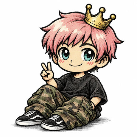 Kawaii King in his black tee and baggy camo pants