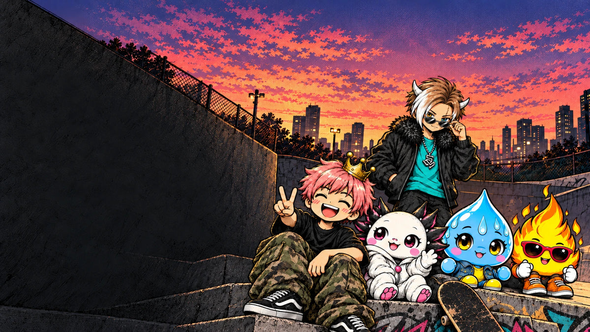 Kawaii King and friends at the skatepark, with Drip Princess as a water droplet and Lit as a flame