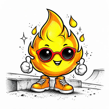 Lit, a yellow flame mascot with red sunglasses and orange sneakers