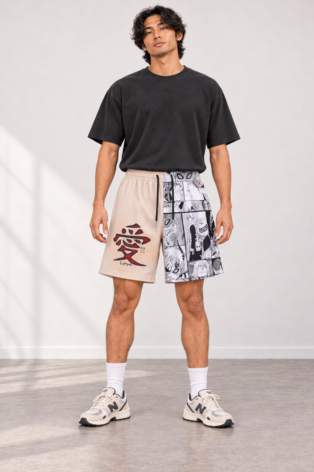 Love Manga Boardshorts styled on model, front view